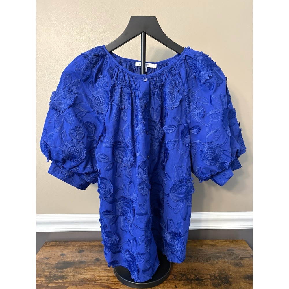 Chico's Womens Blouse Royal Blue Floral Embroidered Button Up Top Peasant Size 0